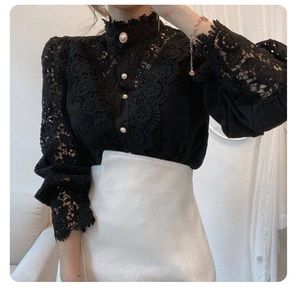 Lace floral neckline collar blouse , puff sleeve